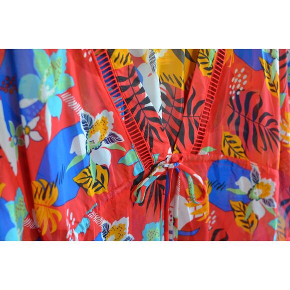 Miken Swim Women's Cinched Waist Kimono in Red Paradise Pinkhoney Bee - Picture 4 of 5